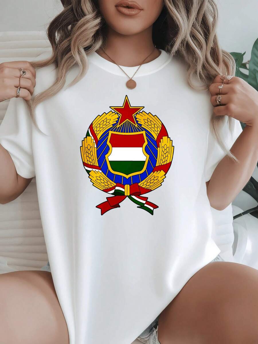 Camia de mujer de cuello redondo, manga corta, opciones de color negro y blanco, impresión del escudo de armas de Hungría, diseño de bandera nacional, camia gráfica, tops de verano, ropa casual para mujeres, camias gráficas, tops cortos para mujeres, tops para mujeres, ropa vintage de algodón, ropa linda de, atuendo de Navidad para mujeres, vestidos elegantes de mujer, camias de verano, tops gráficos, atuendos de verano para mujeres, camias gráficas, tops cortos para mujeres, tops para mujeres, ropa vintage de algodón linda de, atuendo de Navidad para mujeres, vestidos elegantes de mujer Ideal para regalar. Camiseta de mujer. Elegante. Estilo bohemio. Prenda suave, transpirable y cómoda, perfecta para primavera, verano y otoño; ideal para vacaciones, viajes y uso diario. Perfecta para ver un partido. - Blanco - Ver 1