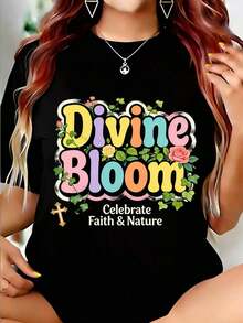 Women's Vacation Wear - Women's Crew Neck Graphic Tees - Loose Fit, Suitable For All Seasons - Holy Blossom T-Shirt | Casual Faith Floral Print T-Shirt | A Touching Choice For Worship Or Everyday Outings, The "Flower Of Spiritual Holiness" T-Shirt | A Thoughtful Gift Choice: 100% Cotton Retro Summer Plus Size T-Shirt With Fun Vacation Print - 黑色 - 查看 7