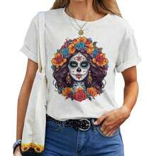 De Los Muertos La Catrina Día de los Muertos Calavera de Azúcar Floral Camiseta de Mujer de Manga Corta / Camiseta de manga corta - Blanco - Ver 6