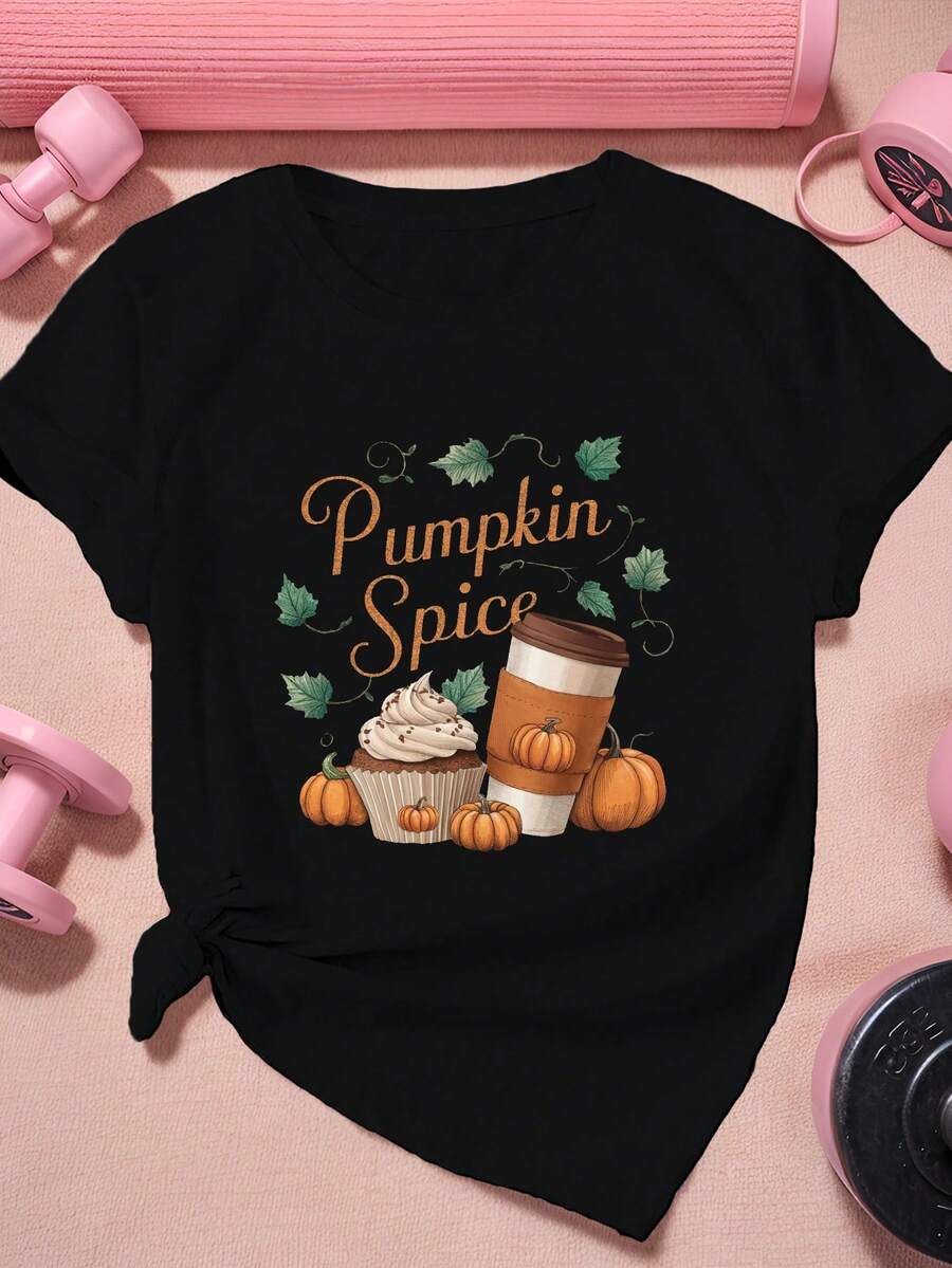 Camiseta de Mujer con Estampado de Cupcakes de Calabaza, Camiseta Deportiva de Manga Corta para Mujer Talla Grande - Negro - Ver 1
