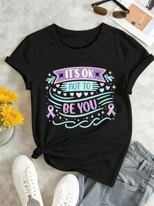 Loose-Fitting, Casual Graphic T-Shirt For Women, Black, Premium Cotton, Breathable, With An Artistic Print. Basic Crew Neck Cotton T-Shirt For Women - 黑色 - 查看 3