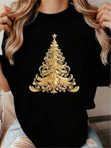 Women's T-Shirt With Gold Christmas Tree Print - Short Sleeve, Round Neck, Casual Style With Festive Gold And Black Print, Gold Star And Pine Tree Design, All-Season Party Outfit For Christmas, New Year's Eve, Winter Events (Machine Washable) Women's Blouses > Shirt - 黑色 - 查看 1