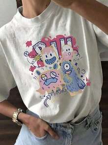 Top de verano para mujer estilo Y2K, lindo y divertido. Camiseta de Mujer con Estampado de Letras de Dibujos Animados y Lindas Ilustraciones de Monstruos Estilo Graffiti. Adecuado para diversas ocasiones, como regalo para festivales, cumpleaños, festivales de música, Día de la Madre, Pascua, temporada de graduación, casual y versátil, cómodo, para vacaciones en la playa, sencillo y a la moda, adecuado para el uso diario de mujeres y niñas. 2026, Ropa de Verano para Mujer - Alta Calidad - Blanco - Ver 8