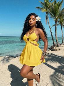 Vestido corto de mujer de crepé blanco con escote halter, encaje, parches y falda paraguas calada, versátil, casual y elegante, adecuado para vacaciones, viajes, playas, zonas costeras, piscinas, yates, tomar el sol, lindo y dulce - Amarillo - Ver 6