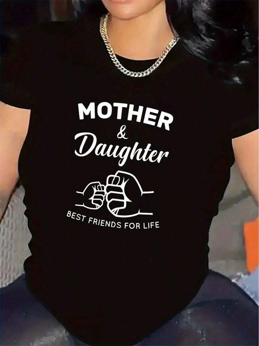 1 Mother And Daughter T-Shirt, Best Friends | Lightweight, Durable, Soft And Breathable Fabric, Ideal For Family Gatherings, Comfortable For Everyday Wear, Crew Neck, Medium Elasticity, 180g 100% Cotton. - 黑色 - 查看 1
