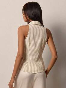 Blusa elegante sin mangas con cintura anudada para mujer, versátil para ir al trabajo, la oficina y salidas casuales, ajuste regular, estilos a rayas y lisos, blusas casuales de negocios para mujer, últimas novedades en blusas para mujer - Caqui - Ver 2