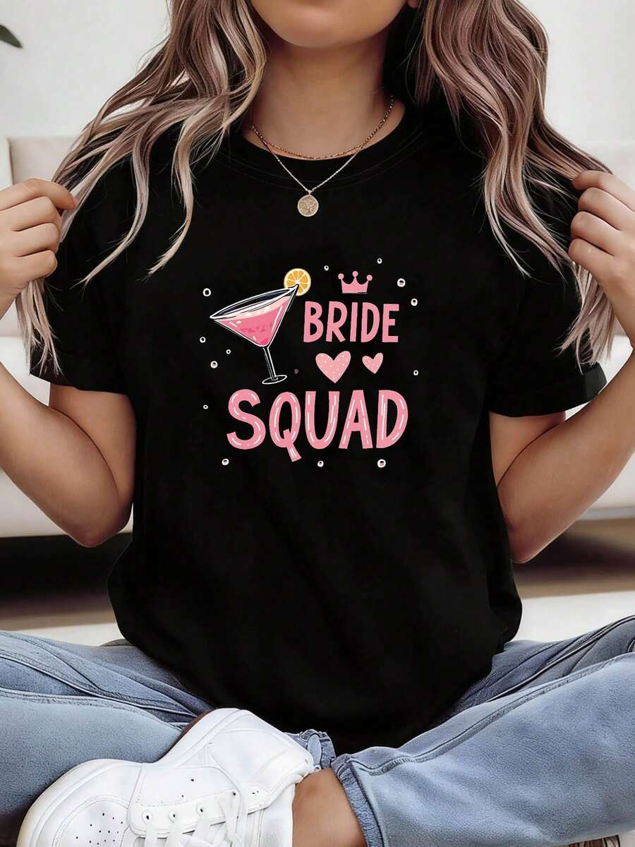 Camiseta de manga corta para mujer con estampado de texto "BRIDE SQUAD", cuello redondo, para primavera/verano, regalo informal para compras o vacaciones, adecuada para reuniones de amigos y para usar en vacaciones.