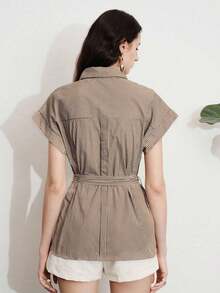 Camisa de mujer de manga larga con cintura ceñida, estampado a cuadros, versátil y casual para el día a día, en color café, con estilo urbano y elegante - Multicolor - Ver 2