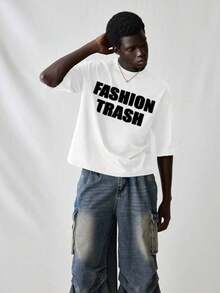 SWAVVY Men's Knit T-Shirt, Casual Style, Loose Fit, Short Sleeve, With English Letter Print, For Summer. - 白色 2 - 查看 6