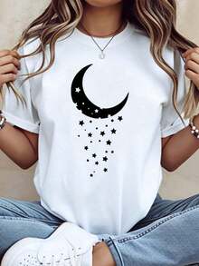 Women's Clothing Crescent Moon And Stars Print T-Shirt, Casual Loose Fit, Short Sleeve, Everyday Wear, Night Sky Themed Graphic Tee,  Summer Outfit, Women's Shirts - 白色 - 查看 6