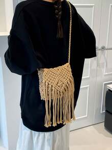 Bolso bandolera tejido bohemio de color sólido, bolso cuadrado pequeño tejido a la moda, adecuado para vacaciones en la playa, compras urbanas, elección perfecta para vacaciones en la playa, - Caqui 3 - Ver 7