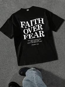Men's Never Give Up Virgin Mary Cross Graphic T-Shirt, Y2K Cotton Short Sleeve Tee, Casual Summer Streetwear For Daily Wear - Black Top - View 2
