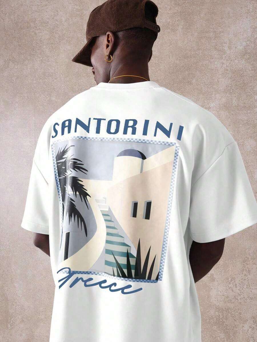 Oversized Graphic Summer T-Shirt With Santorini Greece Print, Casual Aesthetic, Travel Souvenir, Beach Vacation - 白色 - 查看 1