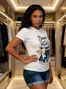 Camisetas de Mujer de Mezclilla y Perlas con Lazo, 100% Transpirables, Cuello Redondo Blanco, Casuales y Sencillas, Lavables a Máquina, Cómodas y Ajustadas para el Verano, Un Regalo para Familiares, Camiseta de Algodón - Blanco - Ver 4
