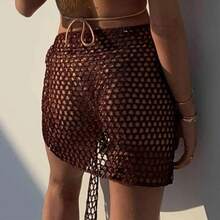 2024  mujeres de punto ahueca hacia fuera la falda de Color sólido Sexy playa protector solar Vestido corto traje de baño encubrimientos falda Sarong - Marrón - Ver 2