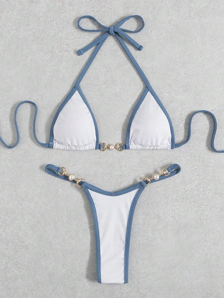 Bikini Sexy para Mujer con Tanga, Cordones Ajustables y Diseño de Amarre – Traje de Baño - Blanco - Ver 1