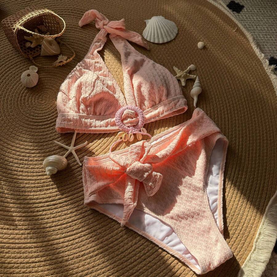 Nuevo y elegante traje de baño de dos piezas de cintura alta, con diseño de conchas y tela especial para la playa. - rosa - Ver 1