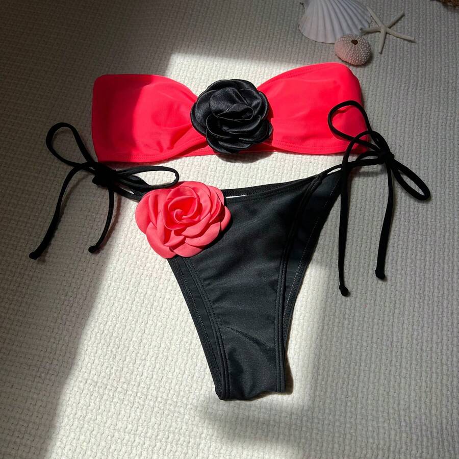 Bikini sin tirantes de dos tonos color rosa con cordón ajustable y tirantes de lazo bikini9149 - Rojo sandía - Ver 1