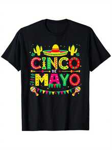 Divertida Fiesta Mexicana 5 de Mayo Diseño Lindo Camiseta de Cinco de Mayo 100% Algodón Camiseta de Cuello Redondo Disfraz de Halloween Acción de Gracias Navidad Regalo para Hombres Mujeres Familia Amigos, Regalos de Día de San Valentín para Novio Novia, Tallas S-XXXL - Negro - Ver 1