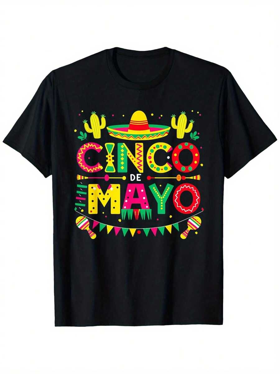 Divertida Fiesta Mexicana 5 de Mayo Diseño Lindo Camiseta de Cinco de Mayo 100% Algodón Camiseta de Cuello Redondo Disfraz de Halloween Acción de Gracias Navidad Regalo para Hombres Mujeres Familia Amigos, Regalos de Día de San Valentín para Novio Novia, Tallas S-XXXL - Negro - Ver 1