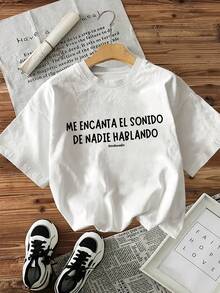 Camiseta de cuello redondo para mujer, con estampado de eslogan en inglés, moderna y sencilla, estilo casual de verano. - Blanco - Ver 8