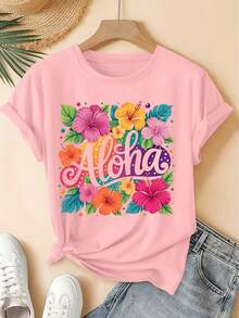 Aloha Tropical Hibiscus Flower Colorful Print Short-Sleeve Vintage Round-Neck T-Shirt, Fresh Forest Style Loose Top, 2026summer Party Commuter Women's - 粉色 - 查看 7