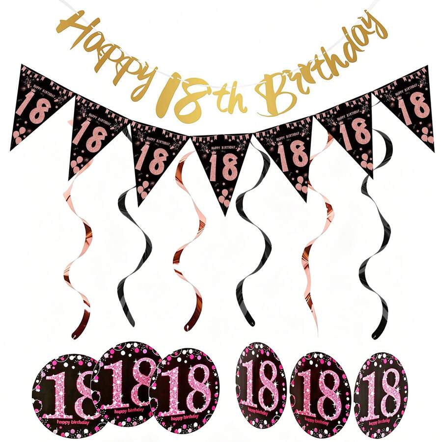 1套玫瑰金生日快樂18/21/30/40/50/60/70紙製橫幅,適用於生日主題派對DIY場景裝飾橫幅套裝 - 彩色 - 查看 1