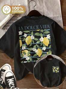 Women's Short Sleeve Crew Neck T-Shirt "Lemon" "Flower" 100% Pure Cotton And Breathable | Women's "La Dolce Vita" T-Shirt With Lemon And Flower Print - Casual Short Sleeve Crew Neck T-Shirt With Vibrant Yellow Lemons And White Flowers, Lightweight And Breathable For Summer, Ladies' T-Shirts - 黑色 - 查看 6