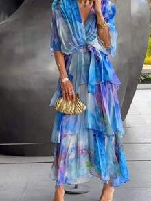 Long Printed Dress With Layers, Elegant Fitted Fashion Style Ideal For Holidays - 藍色 - 查看 1