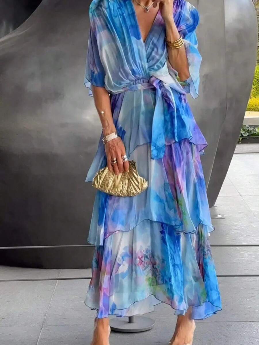 Long Printed Dress With Layers, Elegant Fitted Fashion Style Ideal For Holidays - 藍色 - 查看 1