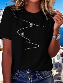 Camiseta de algodón puro para mujer, con diseño de vehículo todoterreno, confeccionada en tela cómoda de color sólido, estilo casual de manga corta. - Negro - Ver 7