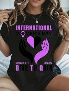 Elegante y casual para mujer, manga corta, camiseta de mujer con diseño de corazón y manos para el Día Internacional de la Mujer, ropa casual blanca para primavera y verano. - Negro - Ver 8
