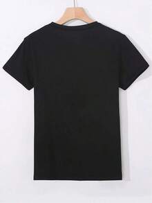 Women's And Teens' Black Short Sleeve T-Shirt - Cute 'MNM' Heart Print And Gold 'I AM' Lettering, Soft, Lightweight, Casual, Summer, Crew Neck, Everyday Wear, Versatile For All Seasons, Machine Washable, Great For Parties. Women's Blouses > Clothing - 黑色 - 查看 2