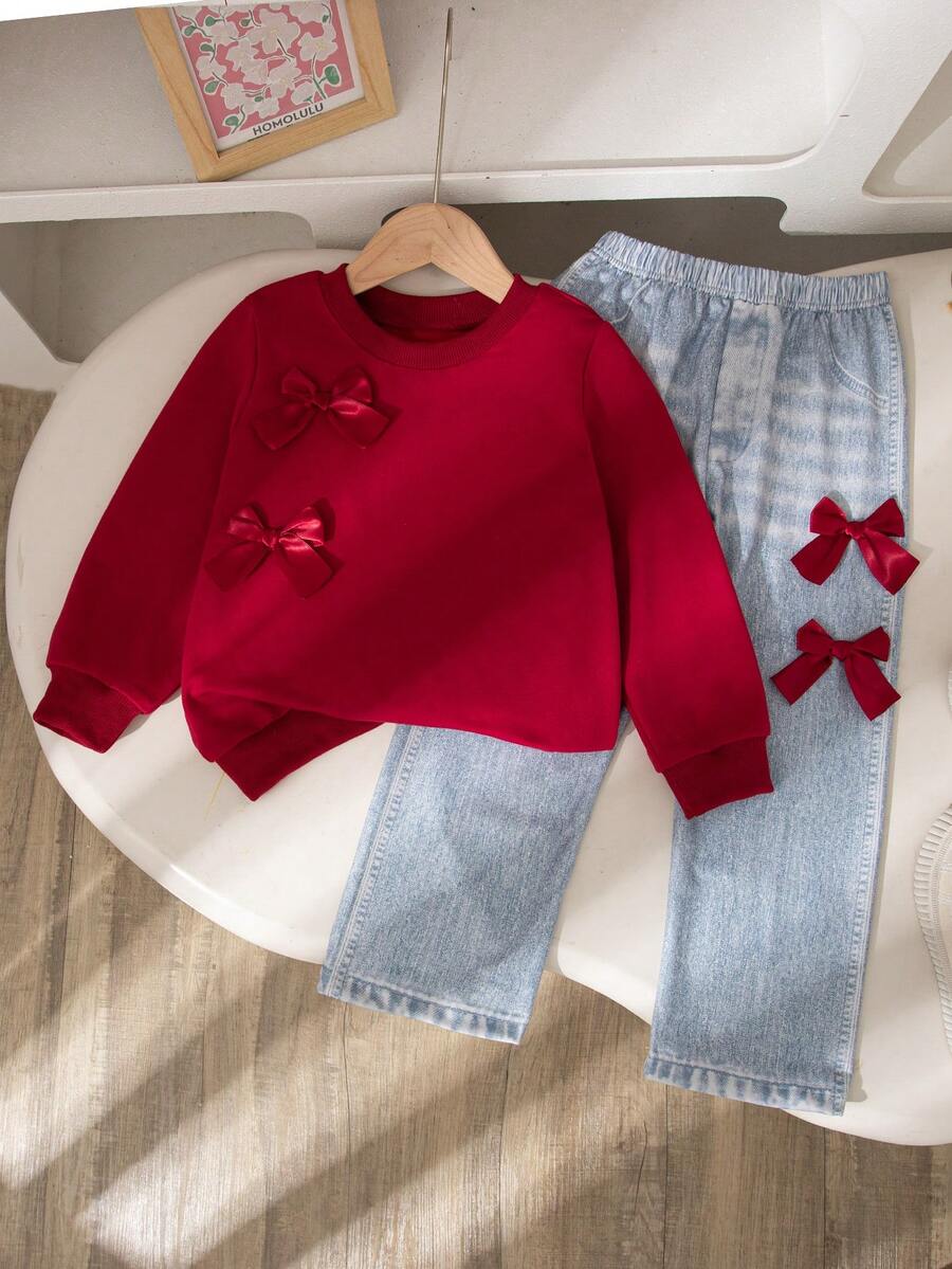 Girls Casual Solid Color Bow Decor Long Sleeve Top And Pants 2 Pieces Set, Regular Fit, Suitable For Spring And Autumn - Burgundy - View 1
