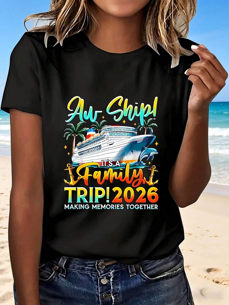 Cruise Ship Family Trip 2026 Making Memories Together T-Shirt With Fashion Design Cute Cartoon Print Summer Beach Vacation Outfit Perfect Gift For Travel Lovers - 黑色 - 查看 1