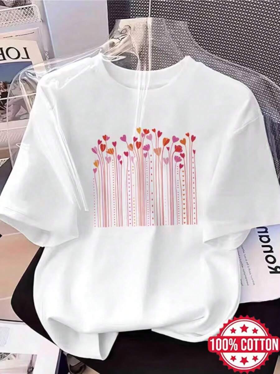 Camiseta de manga corta estampada para mujer, 100% algodón; presenta estampado de flores de tulipán; top casual de manga corta con cuello redondo; confeccionada con tela cómoda y suave; top de ropa de casa para mujer; adecuada para el uso diario de todos; transpirable para todas las estaciones; ideal para salir, quedarse en casa o trabajar desde casa. - Blanco - Ver 1