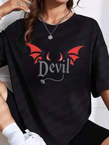 Camisa oversize con gráfico de alas de diablo, disfraz de Halloween, ropa casual, atuendo de fiesta, camiseta con mensaje. Es una camiseta perfecta para regalar a amigos y familiares en cualquier fiesta u ocasión festiva, 220g - Negro - Ver 7