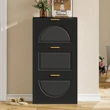 Schuhkipper Schmal mit 3 Klappen, Schuhschrank, Schuhschrank Weiss Schuhkommode für Flur Wohnzimmer - Schwarz + MDF - Übersicht 6