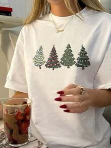 Camiseta Casual de Manga Corta con Cuello Redondo y Estampado de Árbol de Navidad para Mujer - Blanco - Ver 8