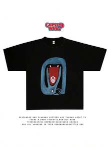 Camiseta de cuello redondo con ilustración gótica, divertido patrón creativo, moda de verano pura y moderna, manga corta, top de estilo casual para el día a día - Negro - Ver 1