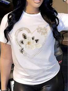 Camiseta de manga corta con cuello redondo para mujer, con estampado floral en forma de corazón, sencilla y elegante. - Blanco - Ver 6