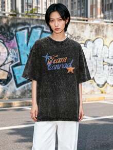 1 pieza de camiseta de algodón lavado estilo popular 2026, adecuada tanto para hombres como para mujeres. Camiseta con el logo del equipo Conrad, camisetas vintage de verano, camiseta casual hippie para hombre, ropa estampada de manga corta. Disponible en seis tallas, adecuada para las cuatro estaciones. Cuello redondo, negro lavado, para hombres y mujeres, camiseta retro casual, camiseta básica de moda, regalo de Año Nuevo, casual y cómoda, moda urbana, 100% algodón de 180g. - Negro - Ver 2