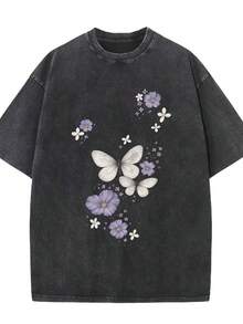 1 camiseta de algodón puro lavado, estilo popular 2026, con estampado de mariposas negras y flores, unisex, estilo vintage, cuello redondo, adecuada para todas las estaciones, ropa casual para hombres y mujeres, regalo de Año Nuevo, casual y cómoda, moda urbana, 100% algodón de 180g. - Negro - Ver 1