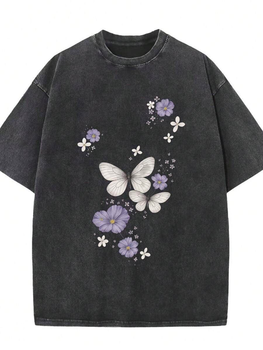 1 camiseta de algodón puro lavado, estilo popular 2026, con estampado de mariposas negras y flores, unisex, estilo vintage, cuello redondo, adecuada para todas las estaciones, ropa casual para hombres y mujeres, regalo de Año Nuevo, casual y cómoda, moda urbana, 100% algodón de 180g. - Negro - Ver 1