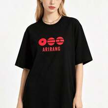 Minimalist Graphic T-Shirt With Arirang Korean Culture Symbol, Unisex, K-Pop Style, Casual Short Sleeve Streetwear, Women's T-Shirts - 黑色 4 - 查看 6