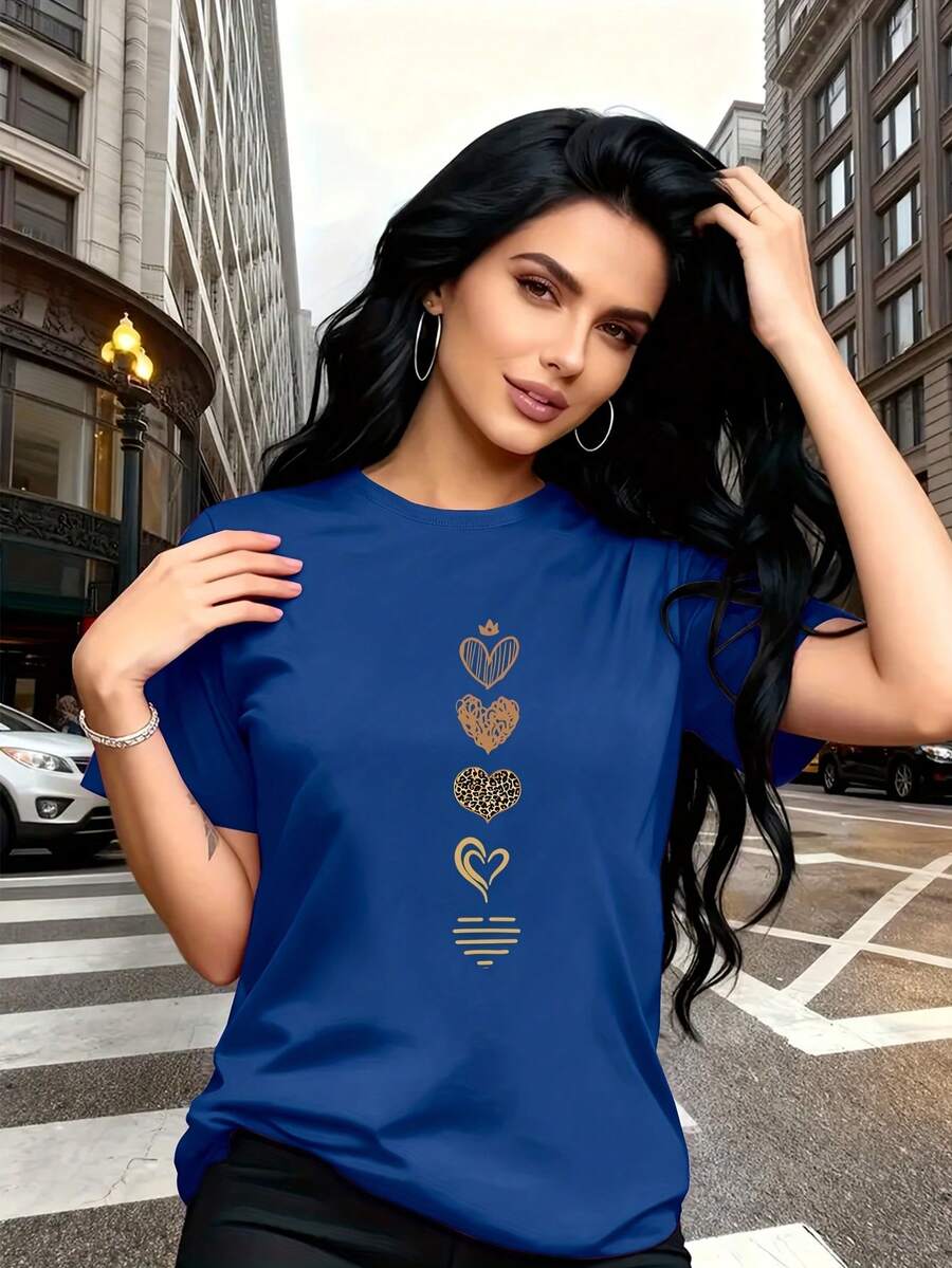 T-Shirt With An Artistic Heart Print Featuring Multiple Designs. Modern And Breathable, Suitable For Family Trips, College Activities, Casual Sports, Daily Commutes, Matching Sister Outfits-A Versatile Tee. E89T - 藍色 - 查看 1