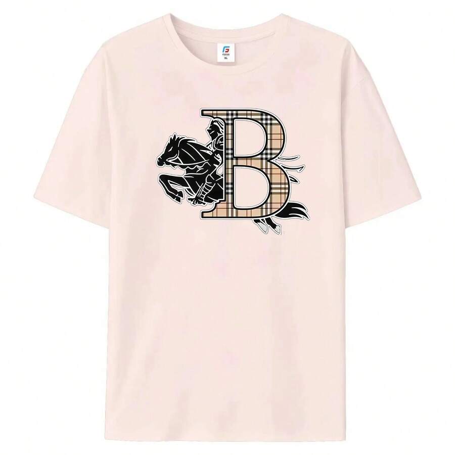 FEEGO New 2026 Casual T-Shirt, Summer High-End Fashion Print "Warhorse", Modern Men's Clothing With Custom Round Neck, Suitable For Men, Women, Mothers And Friends, Couple Style, Fashionable And Loose, Youthful And Energetic, Men's Daily Wear T-Shirts. - 粉色 - 查看 1