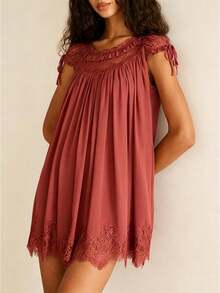 Women Puff Sleeve Short Babydoll Dress Square Neck Flowy Mini Dress Floral Ruffle A Line Summer Sundress - 紅色 - 查看 1