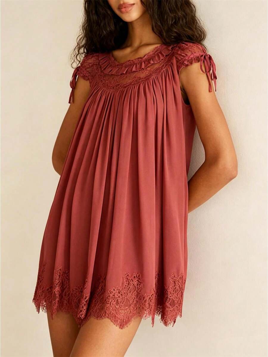 Women Puff Sleeve Short Babydoll Dress Square Neck Flowy Mini Dress Floral Ruffle A Line Summer Sundress - 紅色 - 查看 1