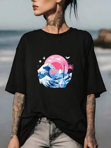 Estilo Vacaciones de Verano - Camiseta unisex de 180g, diseño de ondas oceánicas de ensueño, elección perfecta para salidas familiares y regalos navideños. - Negro - Ver 6